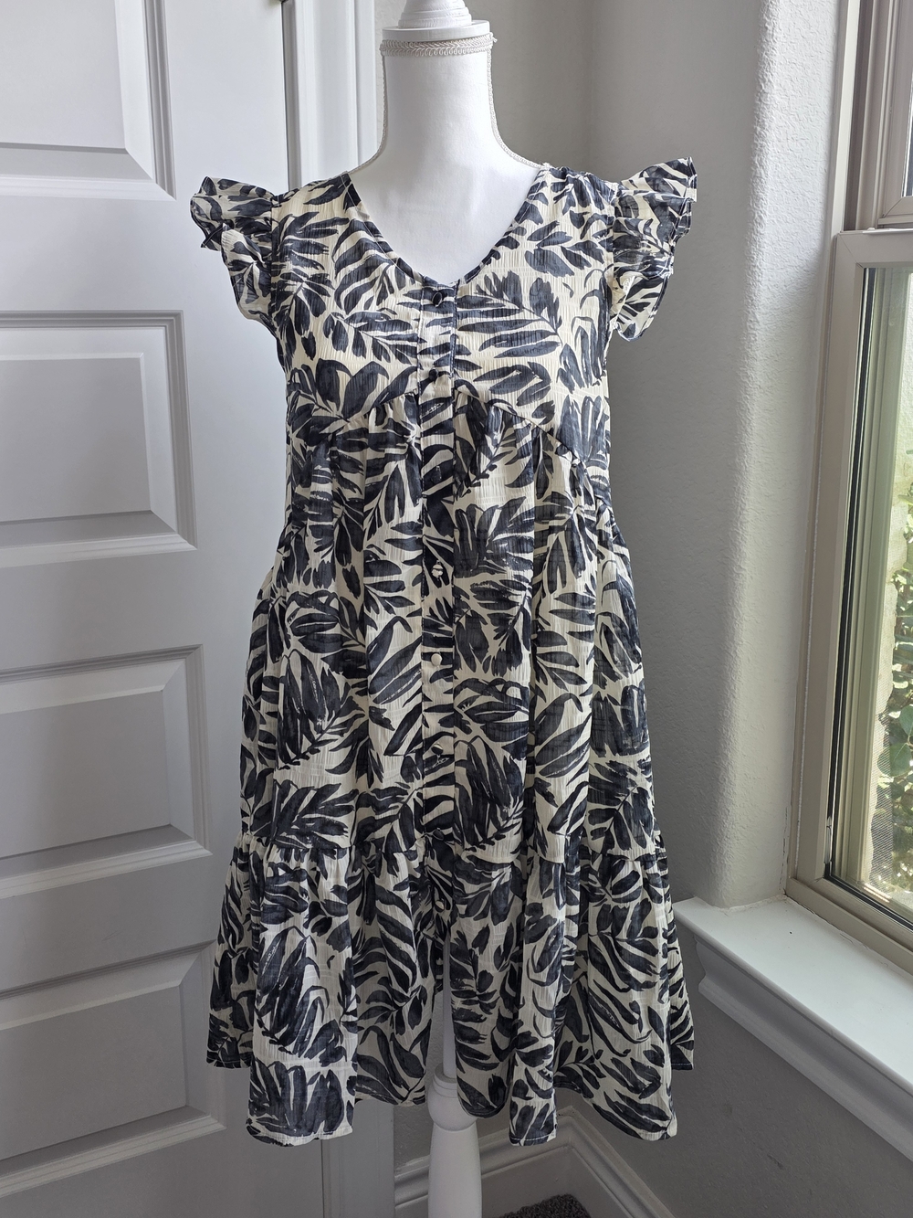 Hayden Los Angeles Womens Small Tropical Leaf Print Babydoll Dress Ruffle Sleeve